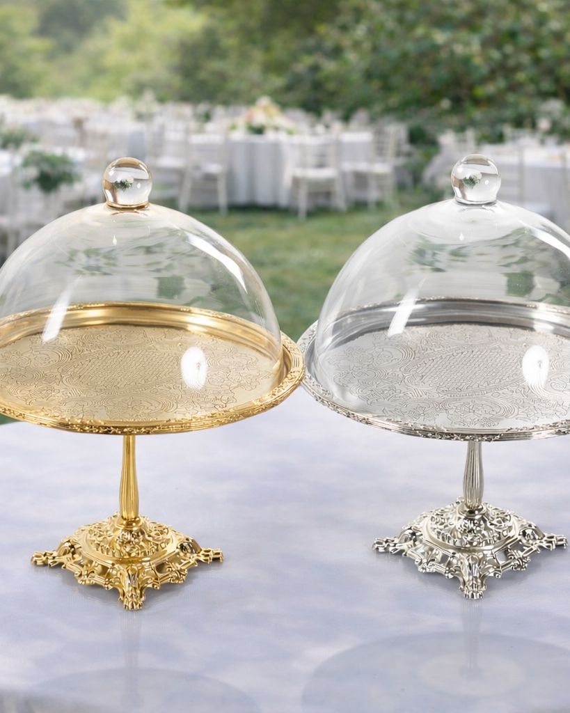 Antique Pedestal Dessert Stand with Glass Dome | Gold, Silver & Antique Finish