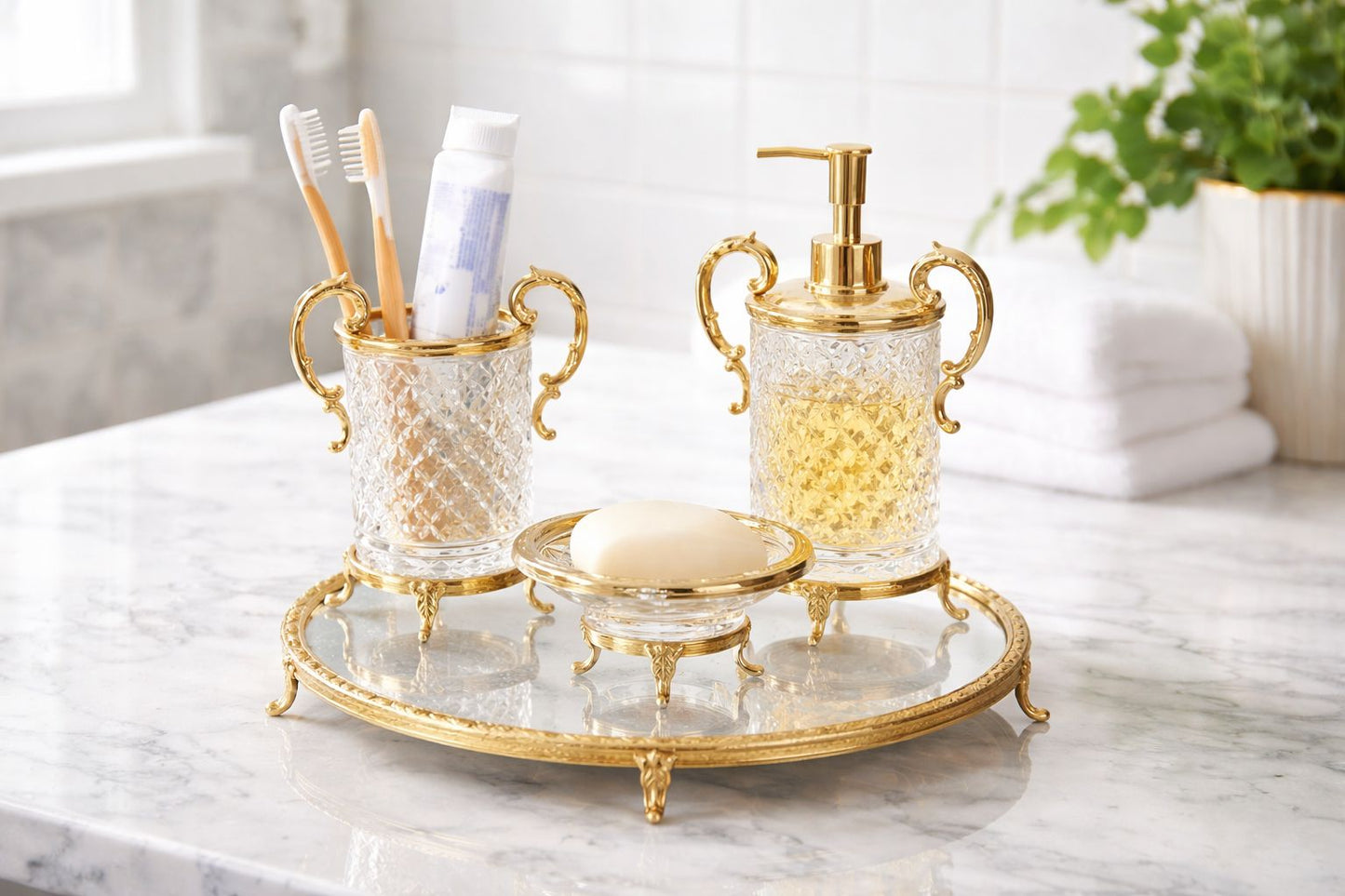 Antique 4 Piece Crystal Glass Bathroom Accessory Set with Ornate Metal Stand | Luxury Soap Dispenser