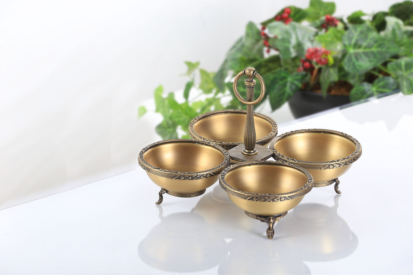 Quadruple Candy Dish with Handle | Gold Footed Serving Bowl