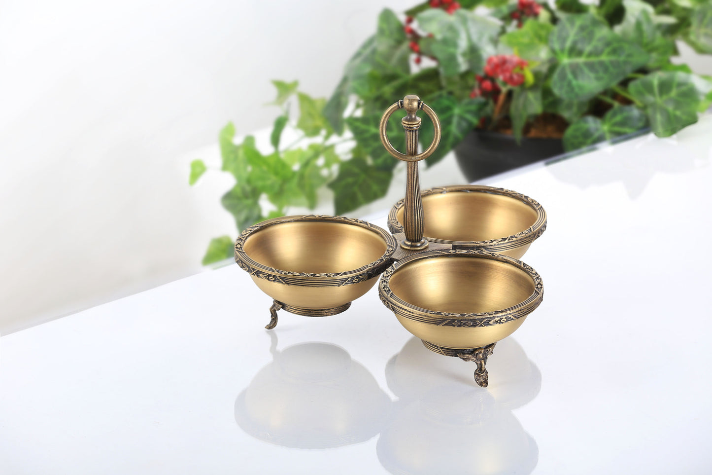 Triple Candy Dish with Handle | Gold Footed Serving Bowl