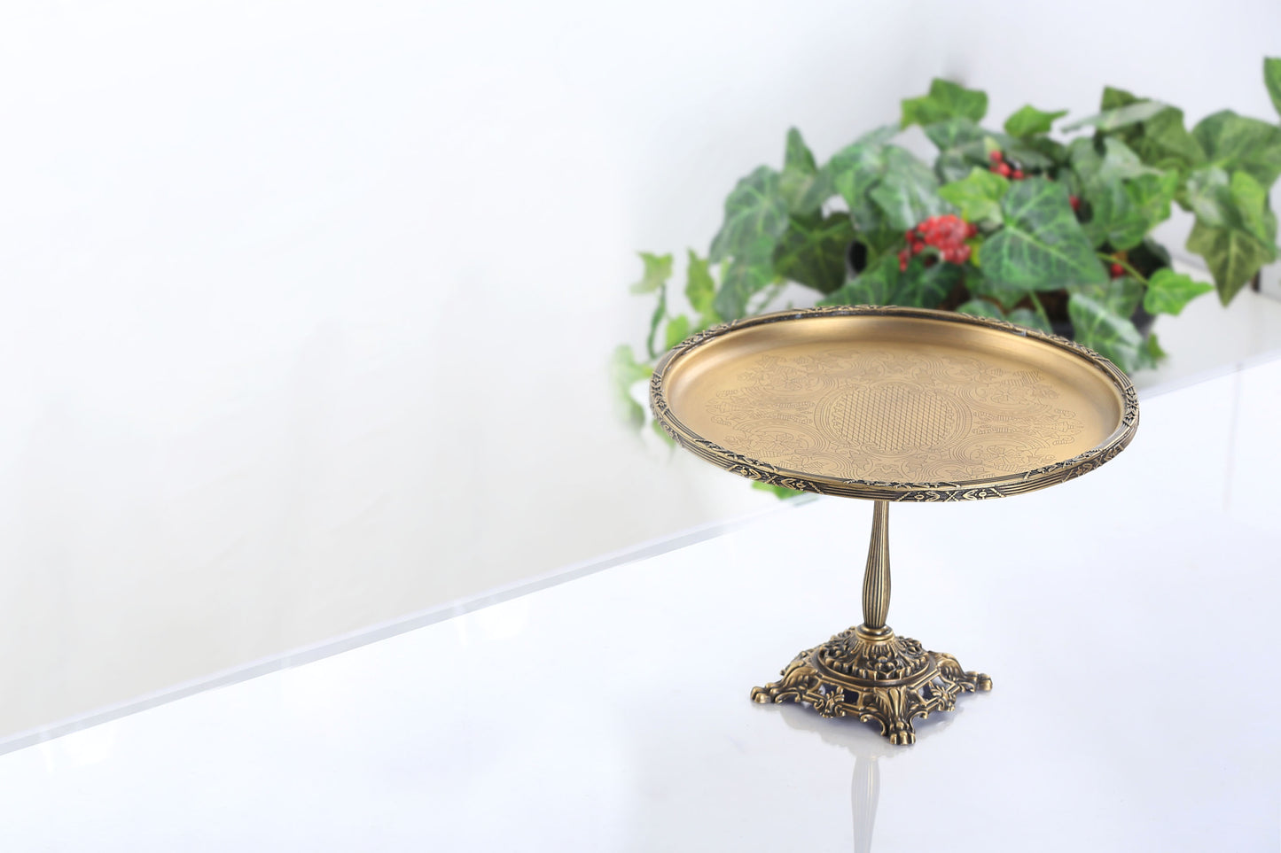 Gold Pedestal Dessert Stand | Vintage Metal Cake Display Tray