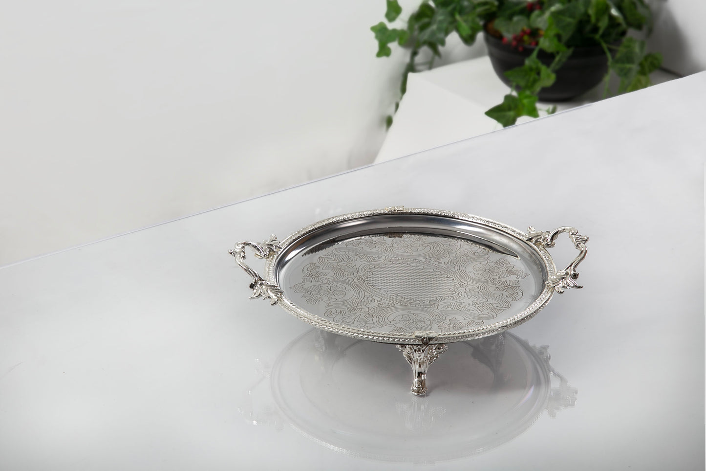 Antique Footed Serving Tray with Handles | Round Decorative Platter