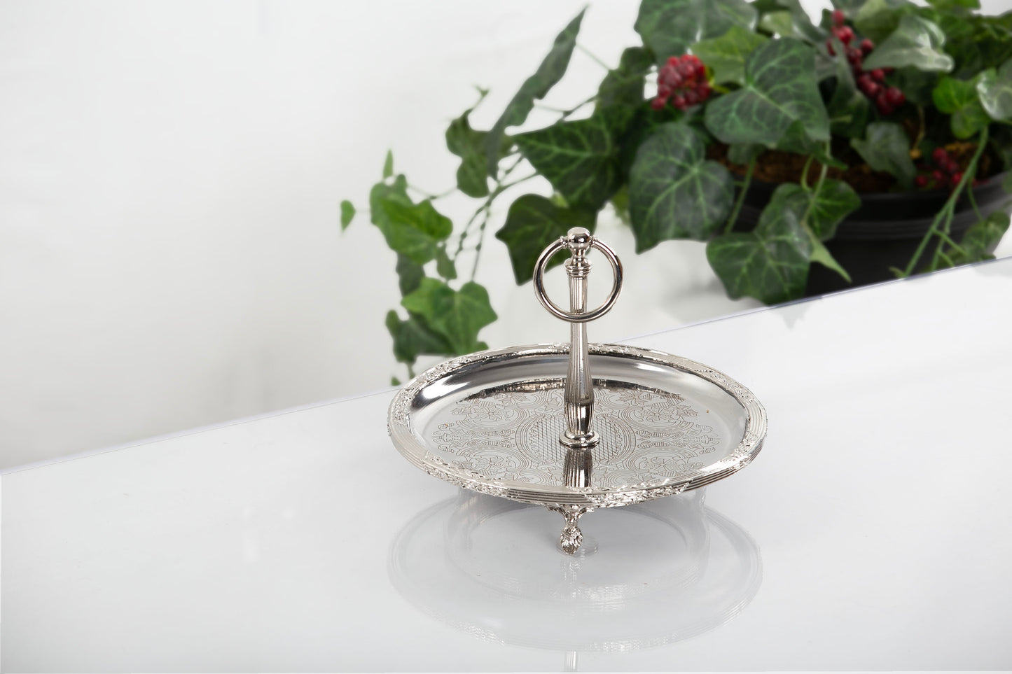 Antique Serving Tray with Handle | Vintage Round Dessert & Tea Tray