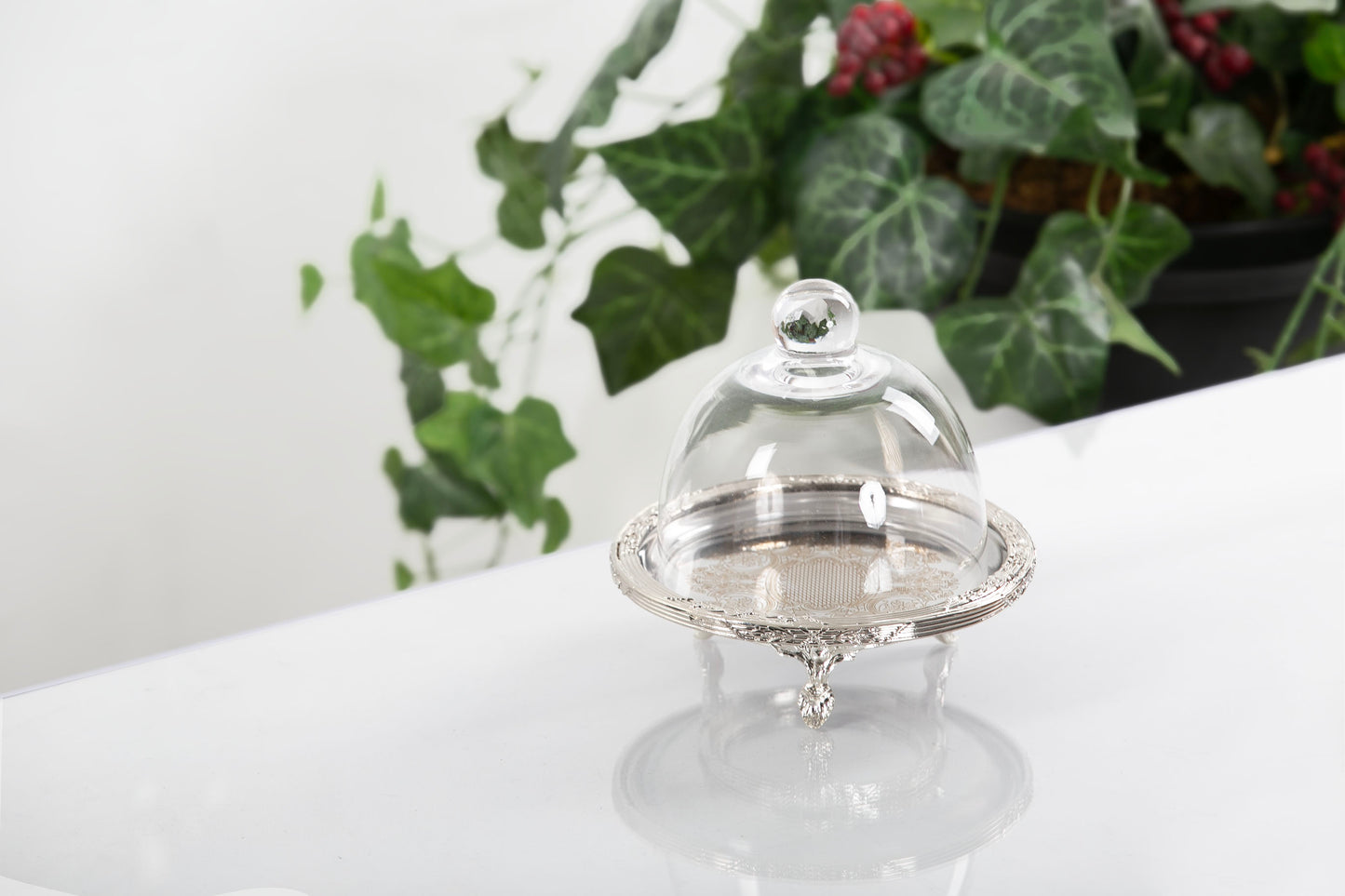 Antique Round Cake Stand with Glass Dome | Footed Dessert Serving Tray