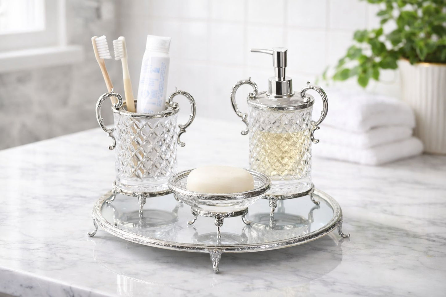Gold 4 Piece Crystal Glass Bathroom Accessory Set with Ornate Metal Stand | Luxury Soap Dispenser