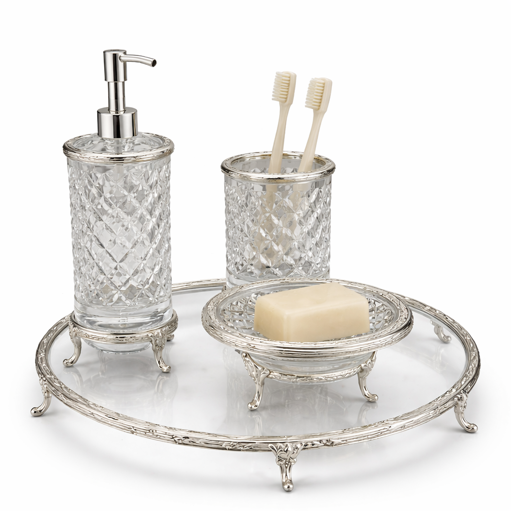 Antique Luxury 4 Piece Bathroom Accessory Set | Crystal Glass with Ornate Metal Stand | Soap Dispenser, Dish, Toothbrush Holder & Tray