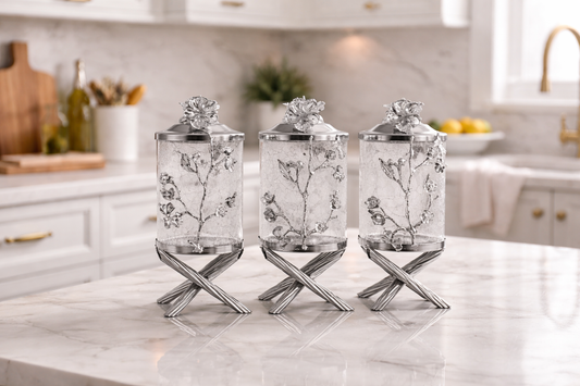 Luxury Silver Canister Set | 3 Piece Kitchen Storage Jar Set with Floral Design