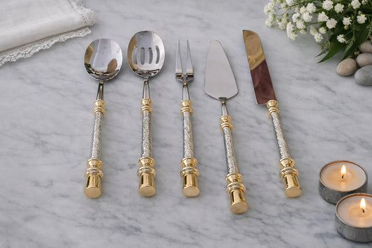 Luxury 5-Piece Serving Set - Silver & Gold  Stainless Steel Serving Utensils