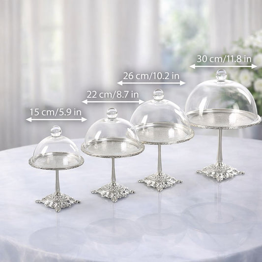 Silver Pedestal Dessert Stand with Glass Dome | Gold, Silver & Antique Finish