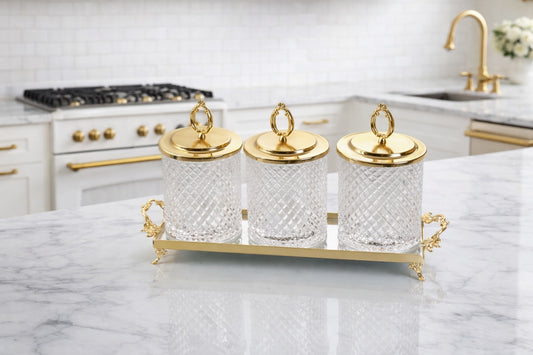 Luxury Glass Canister Set | 3 Piece Kitchen Storage Jars with Tray