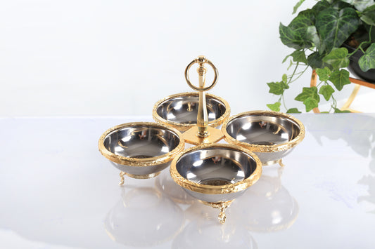 Quadruple Candy Dish with Handle | Gold Footed Serving Bowl