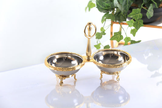 Double Candy Dish with Handle | Gold Footed Serving Bowl