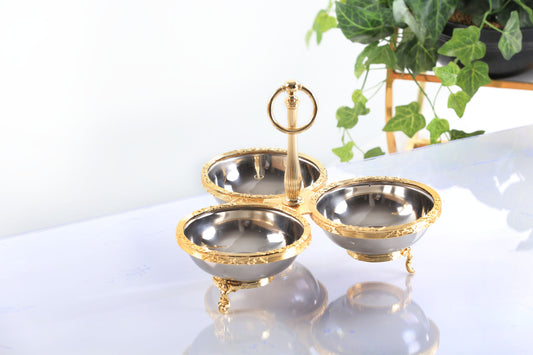 Triple Candy Dish with Handle | Gold Footed Serving Bowl