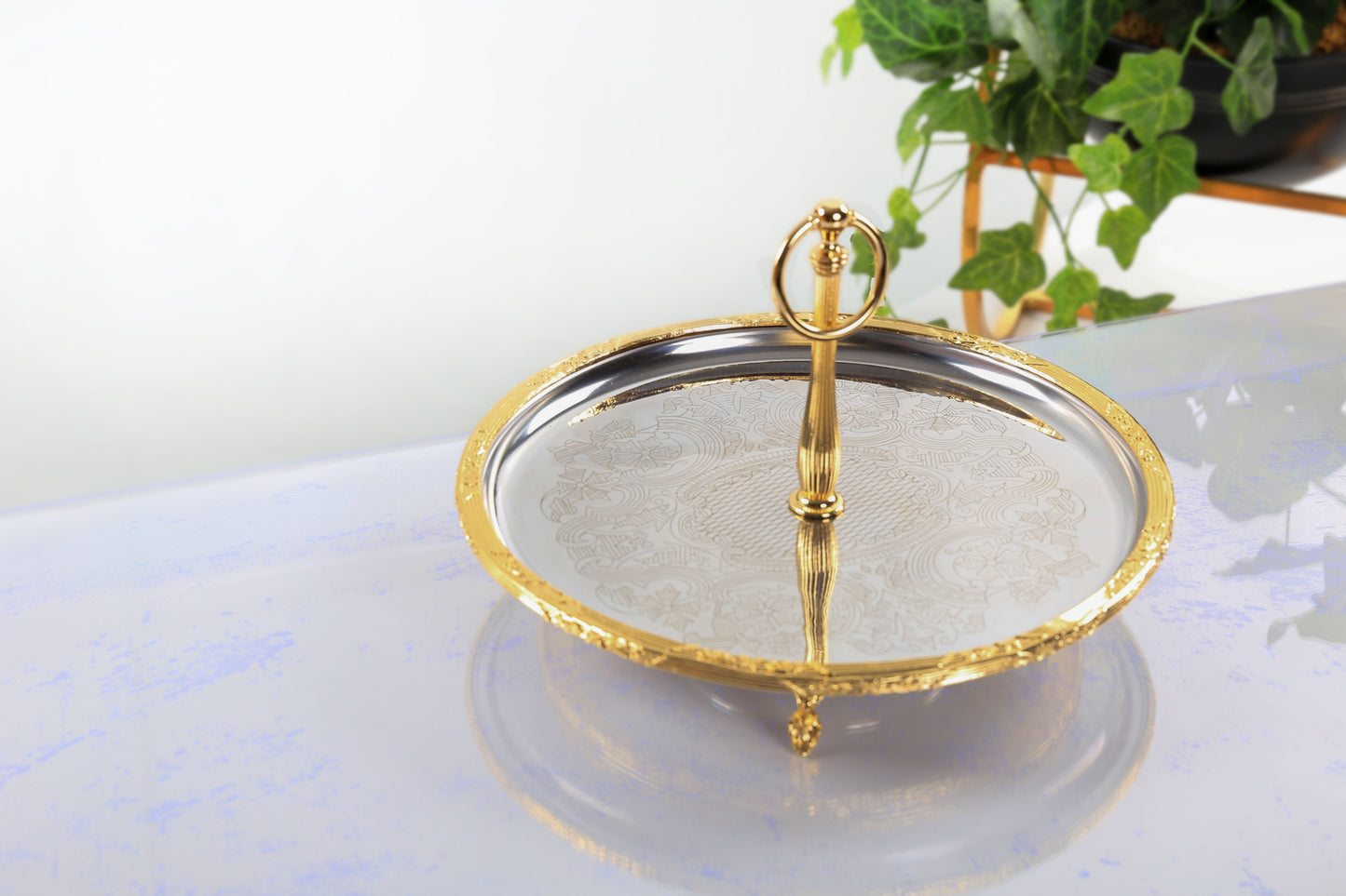 Silver Serving Tray with Handle | Vintage Round Dessert & Tea Tray