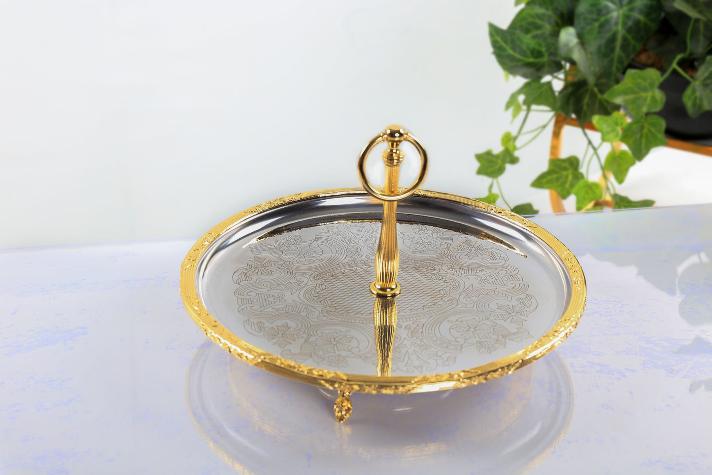 Silver Serving Tray with Handle | Vintage Round Dessert & Tea Tray