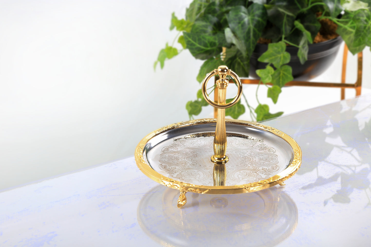 Silver Serving Tray with Handle | Vintage Round Dessert & Tea Tray
