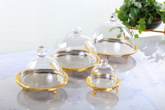 Gold Round Cake Stand with Glass Dome | Footed Dessert Serving Tray