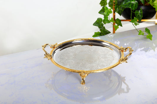 Gold Footed Serving Tray with Handles | Round Decorative Platter