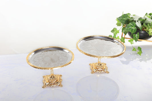 Gold Pedestal Dessert Stand | Vintage Metal Cake Display Tray