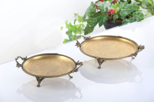 Antique Footed Serving Tray with Handles | Round Decorative Platter