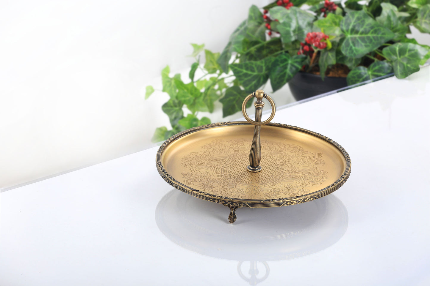 Silver Serving Tray with Handle | Vintage Round Dessert & Tea Tray