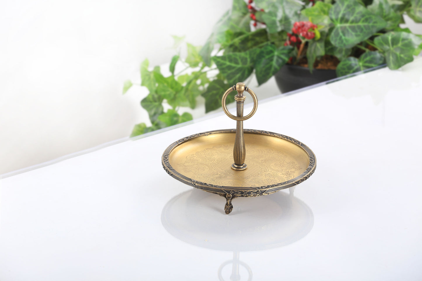 Silver Serving Tray with Handle | Vintage Round Dessert & Tea Tray