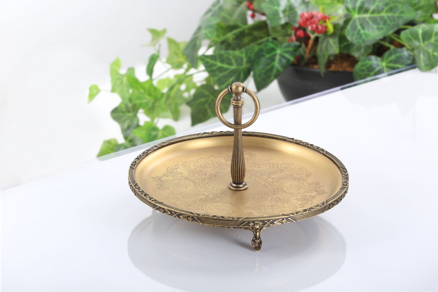 Silver Serving Tray with Handle | Vintage Round Dessert & Tea Tray