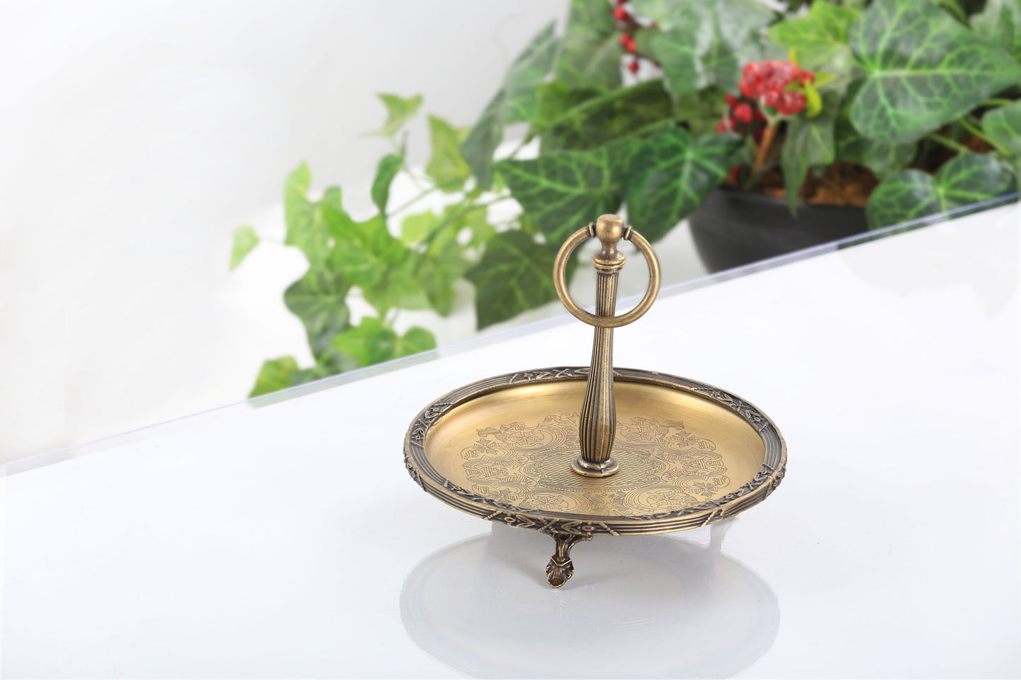 Silver Serving Tray with Handle | Vintage Round Dessert & Tea Tray