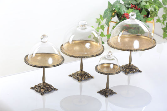 Antique Pedestal Dessert Stand with Glass Dome | Gold, Silver & Antique Finish