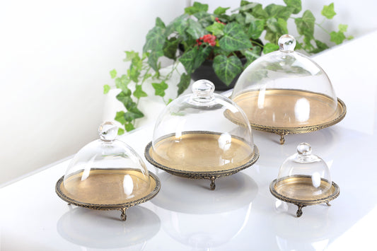 Antique Round Cake Stand with Glass Dome | Footed Dessert Serving Tray