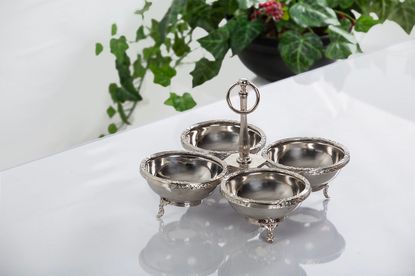 Quadruple Candy Dish with Handle | Gold Footed Serving Bowl