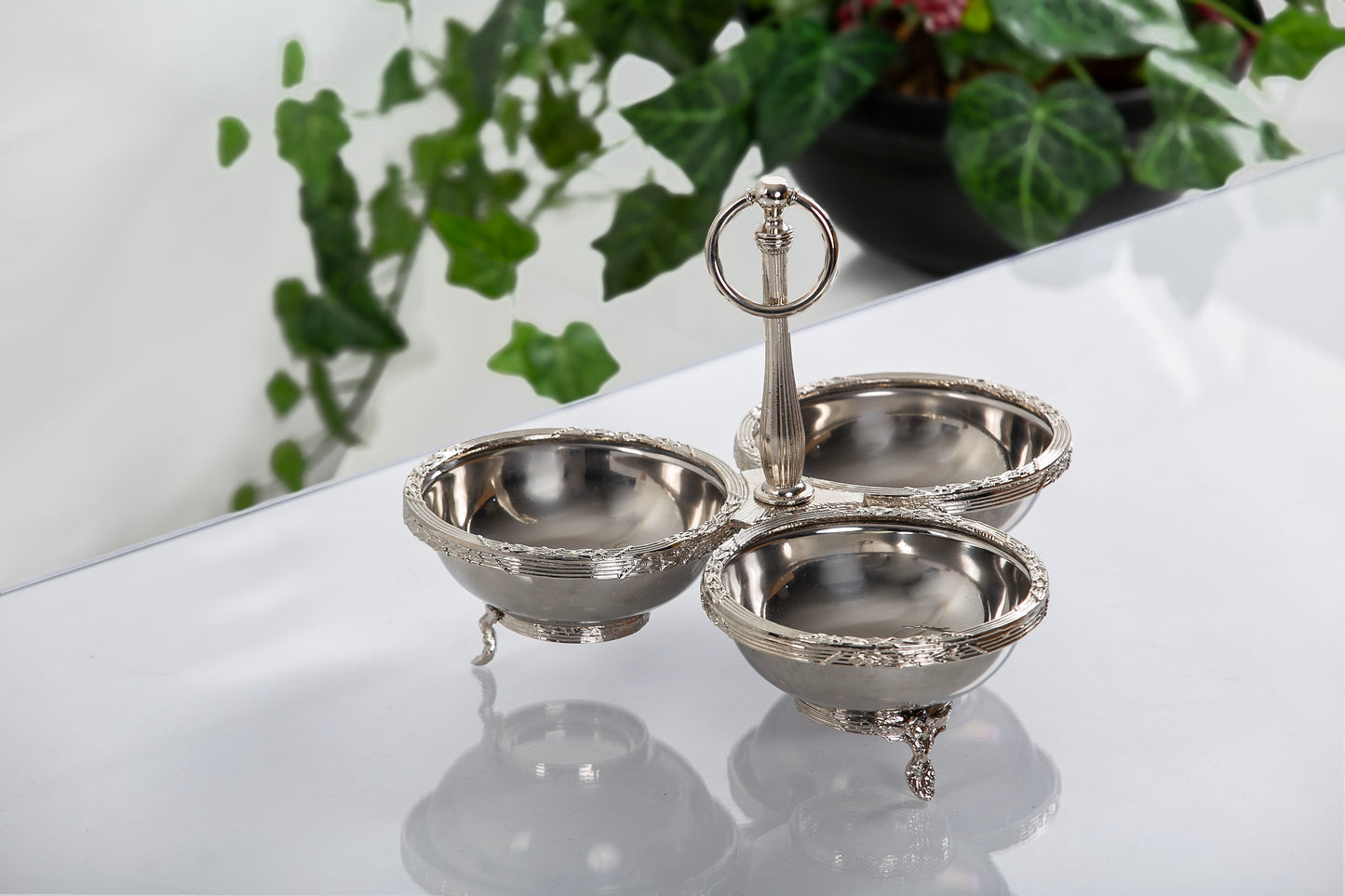 Triple Candy Dish with Handle | Antique Footed Serving Bowl