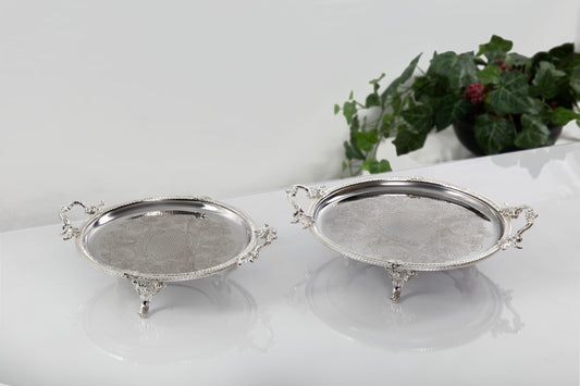 Silver Footed Serving Tray with Handles | Round Decorative Platter