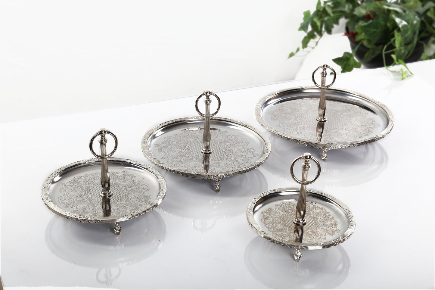 Silver Serving Tray with Handle | Vintage Round Dessert & Tea Tray