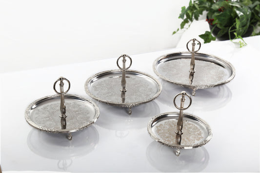 Silver Serving Tray with Handle | Vintage Round Dessert & Tea Tray