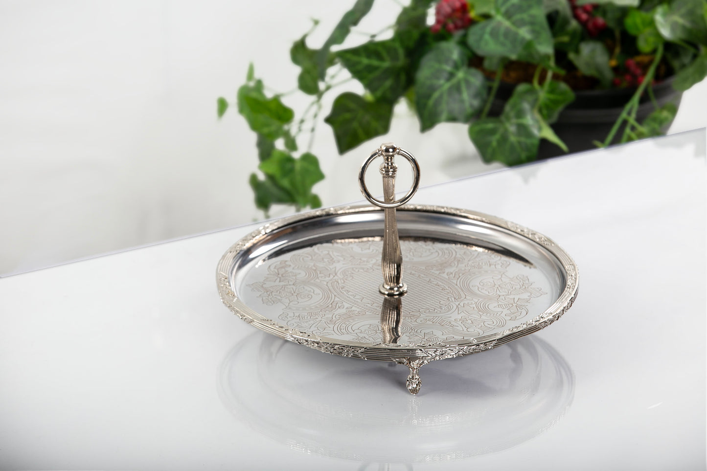 Silver Serving Tray with Handle | Vintage Round Dessert & Tea Tray