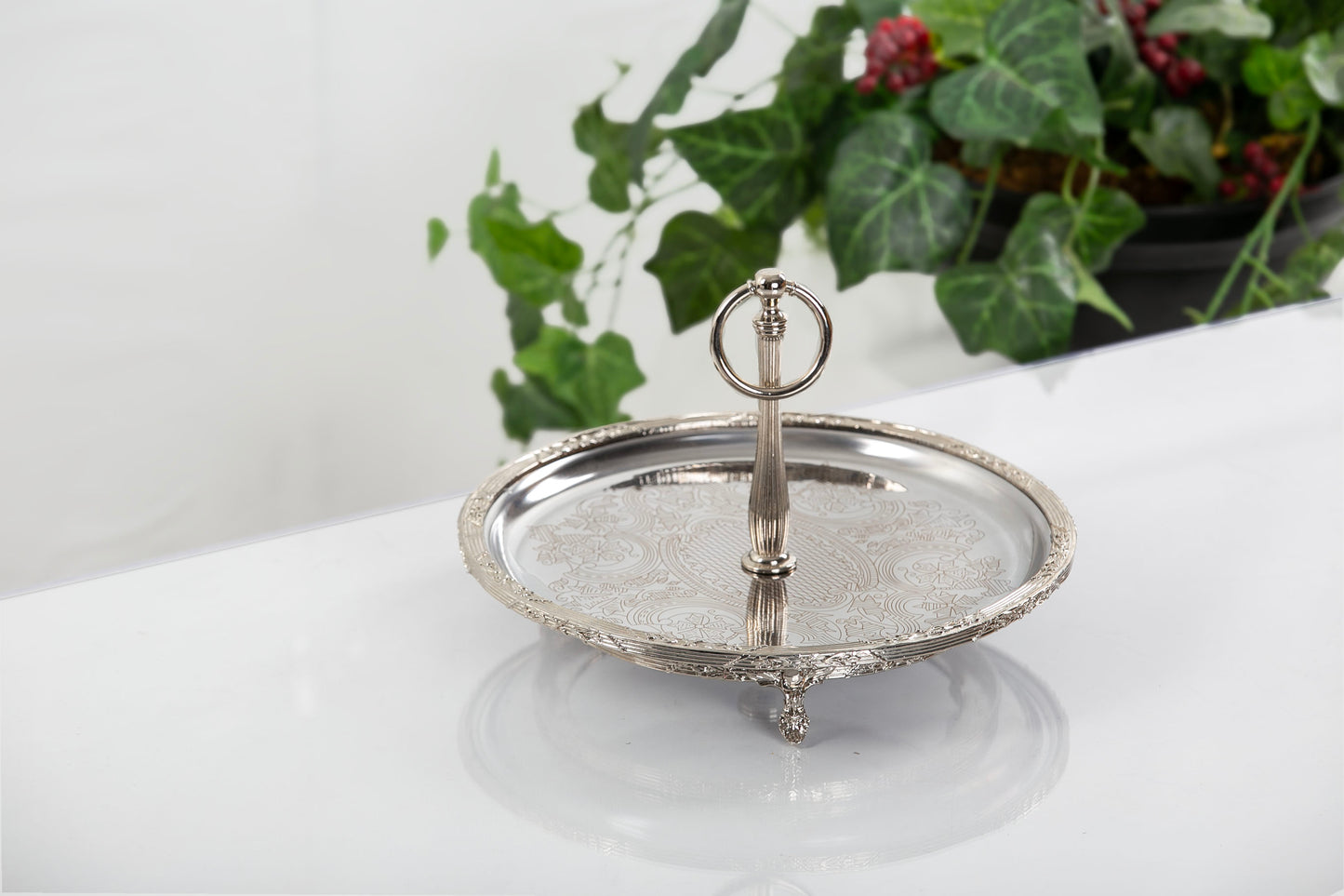 Silver Serving Tray with Handle | Vintage Round Dessert & Tea Tray