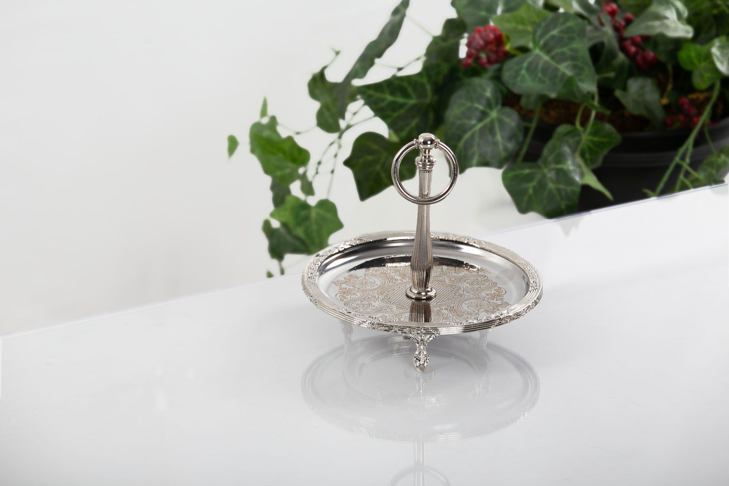 Silver Serving Tray with Handle | Vintage Round Dessert & Tea Tray