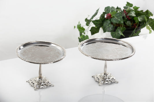 Silver Pedestal Dessert Stand | Vintage Metal Cake Display Tray