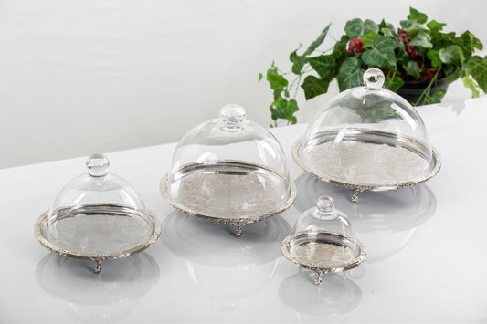 Silver Round Cake Stand with Glass Dome | Footed Dessert Serving Tray