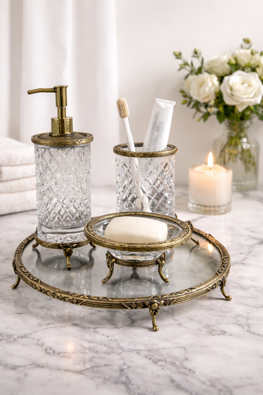 Luxury 4 Piece Bathroom Accessory Set | Crystal Glass with Ornate Metal Stand | Soap Dispenser, Dish, Toothbrush Holder & Tray