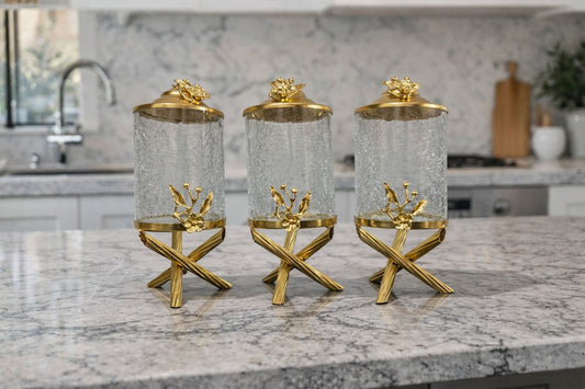 Luxury Gold Canister Set | 3 Piece Kitchen Storage Jar Set with Flower Design