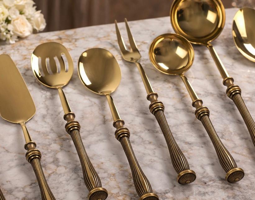 Elegant Serving Utensil Set with Textured Brass Handles