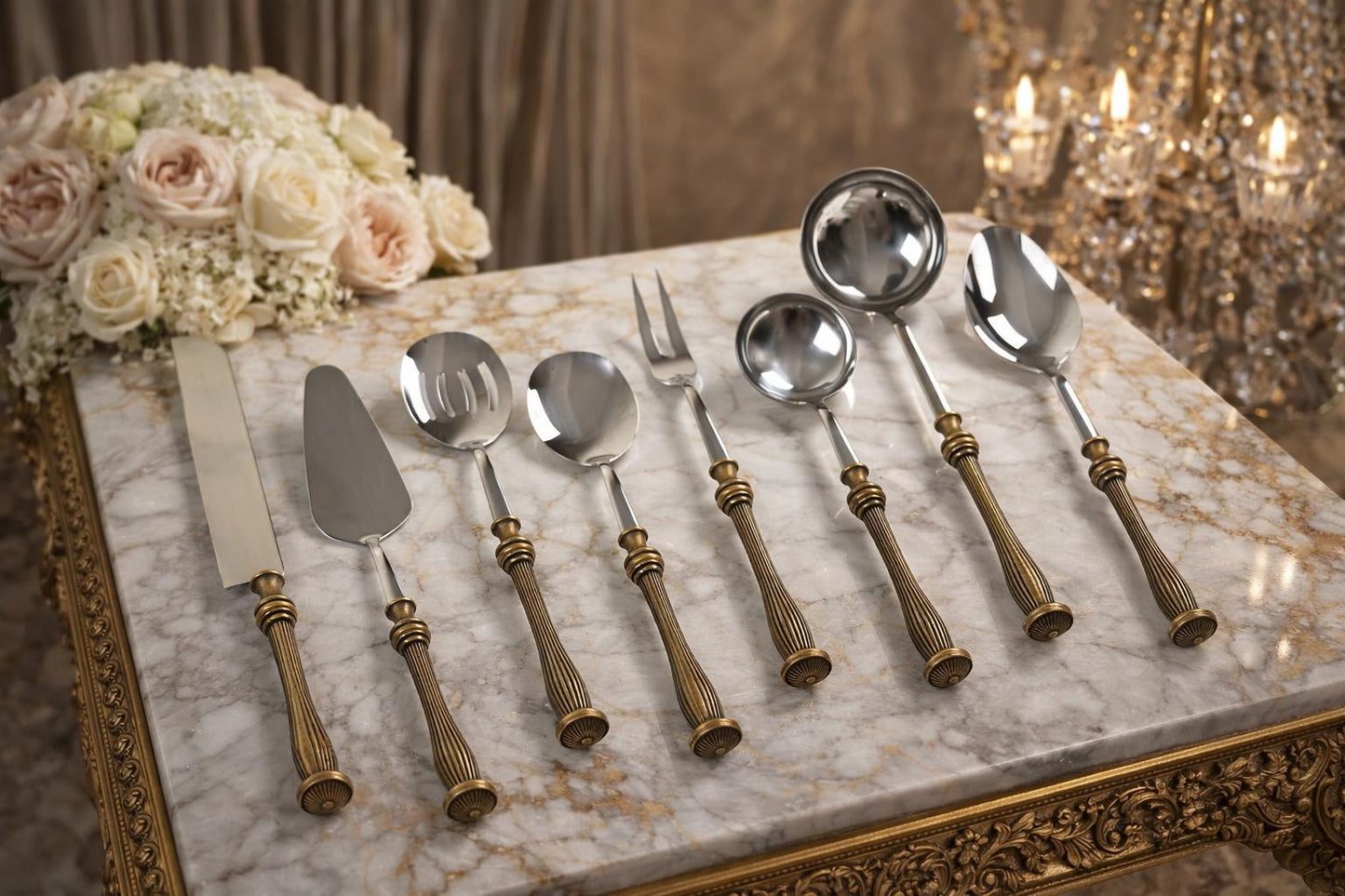 Elegant Serving Utensil Set with Textured Brass Handles
