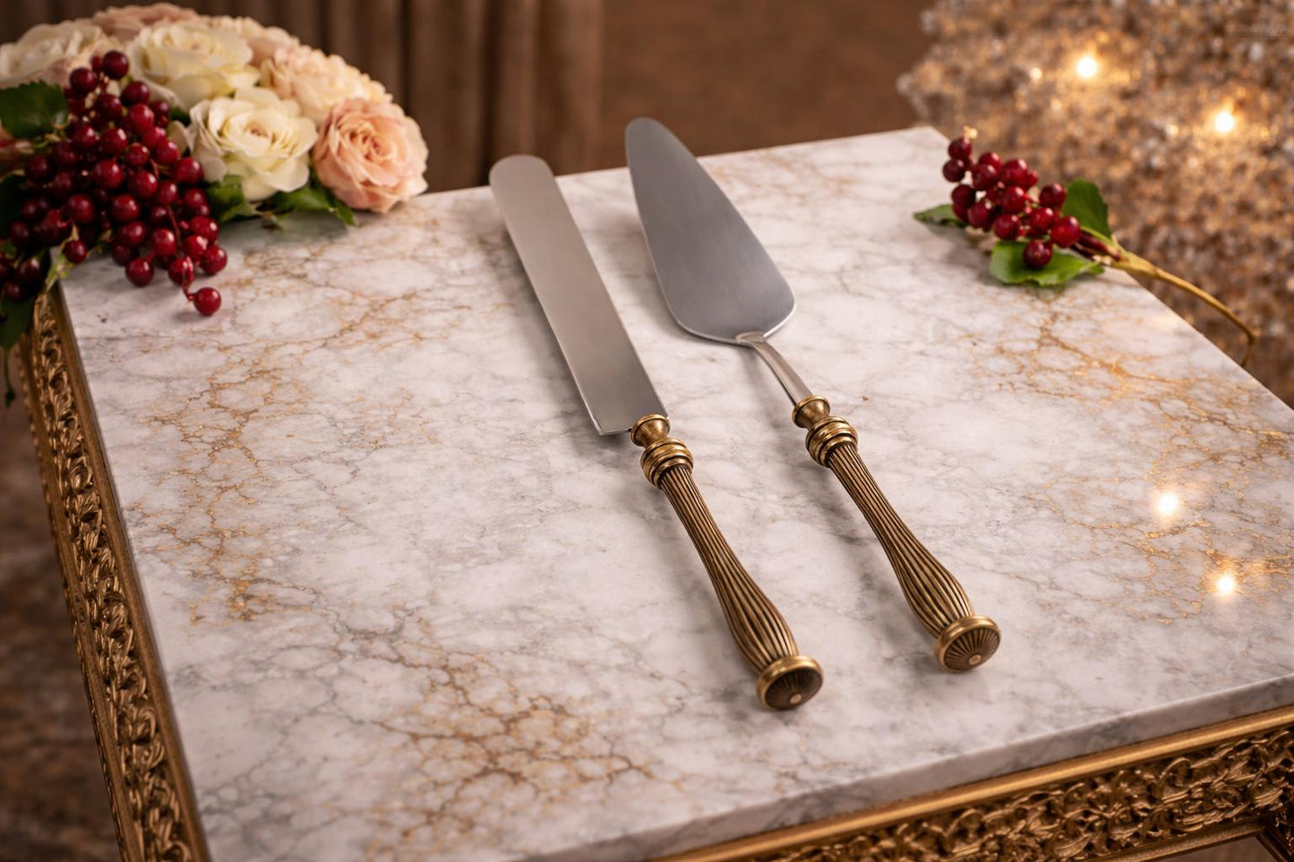 Elegant Serving Utensil Set with Textured Brass Handles
