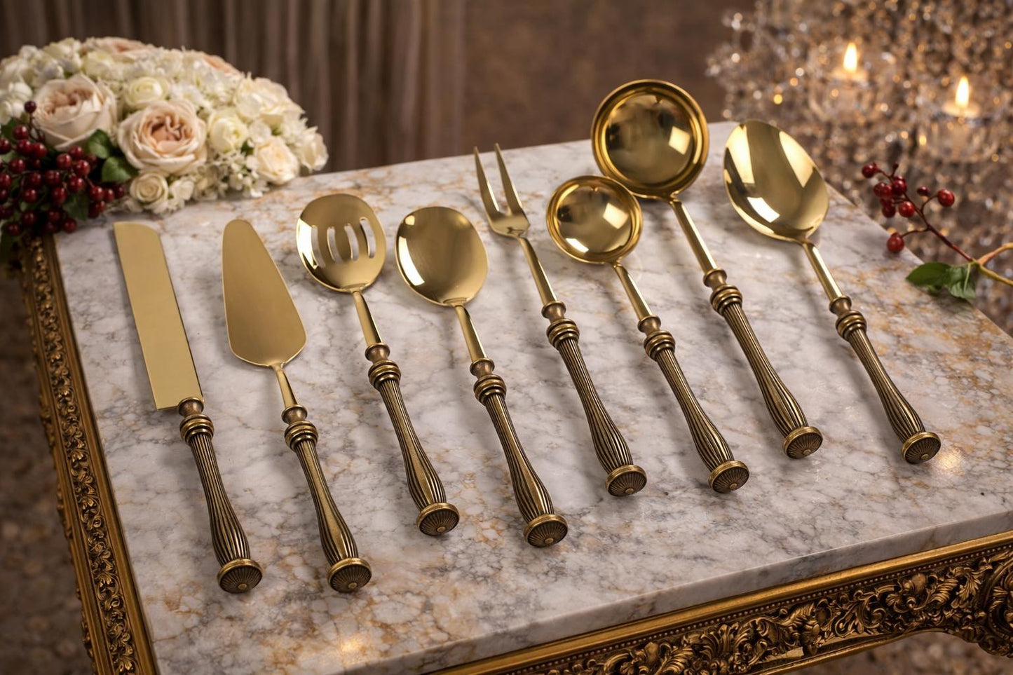 Elegant Serving Utensil Set with Textured Brass Handles