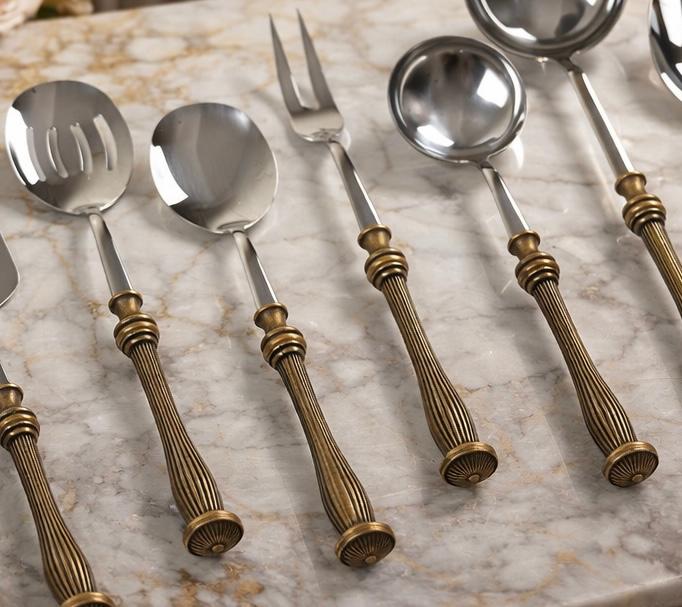 Elegant Serving Utensil Set with Textured Brass Handles