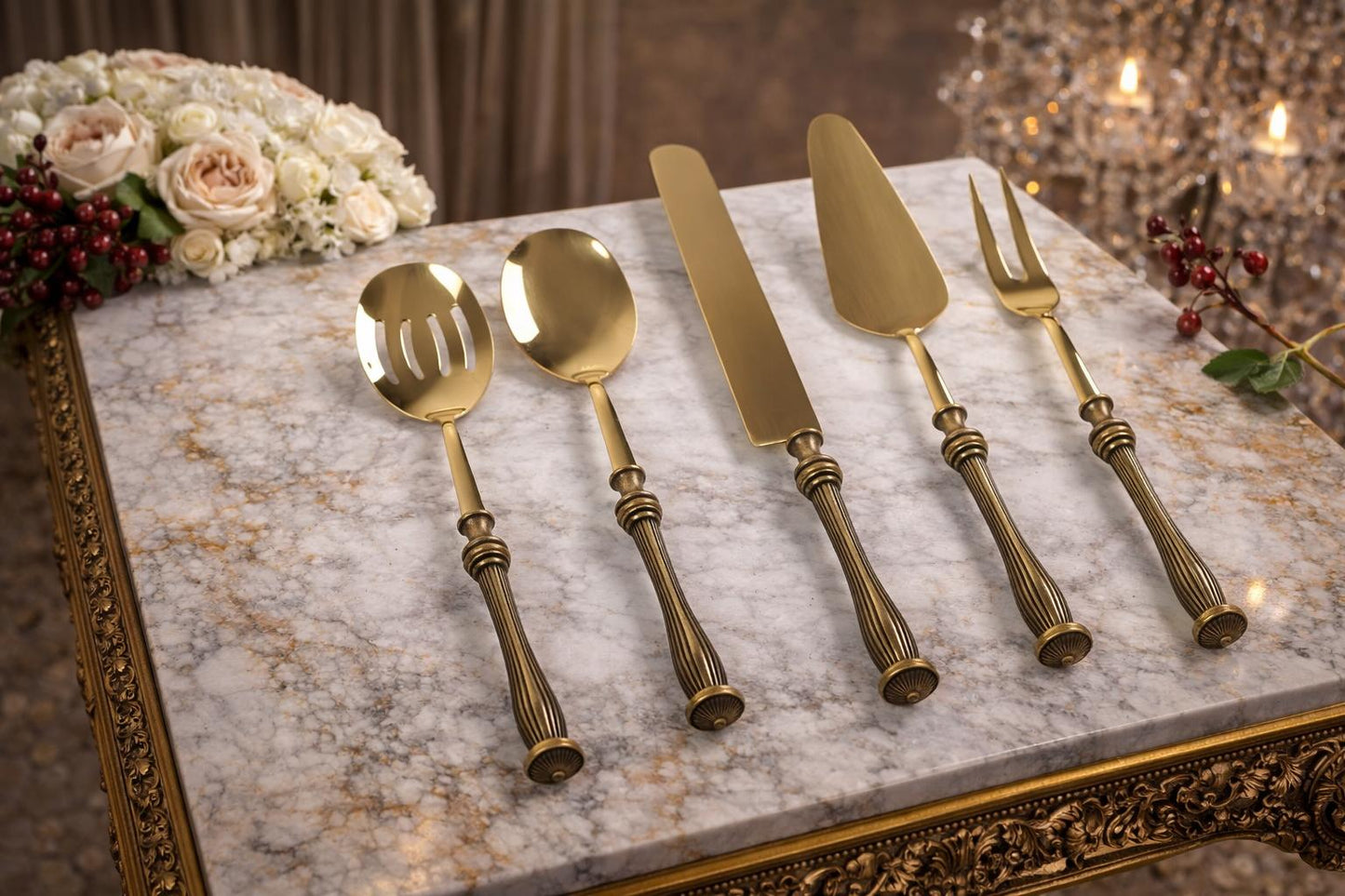Elegant Serving Utensil Set with Textured Brass Handles