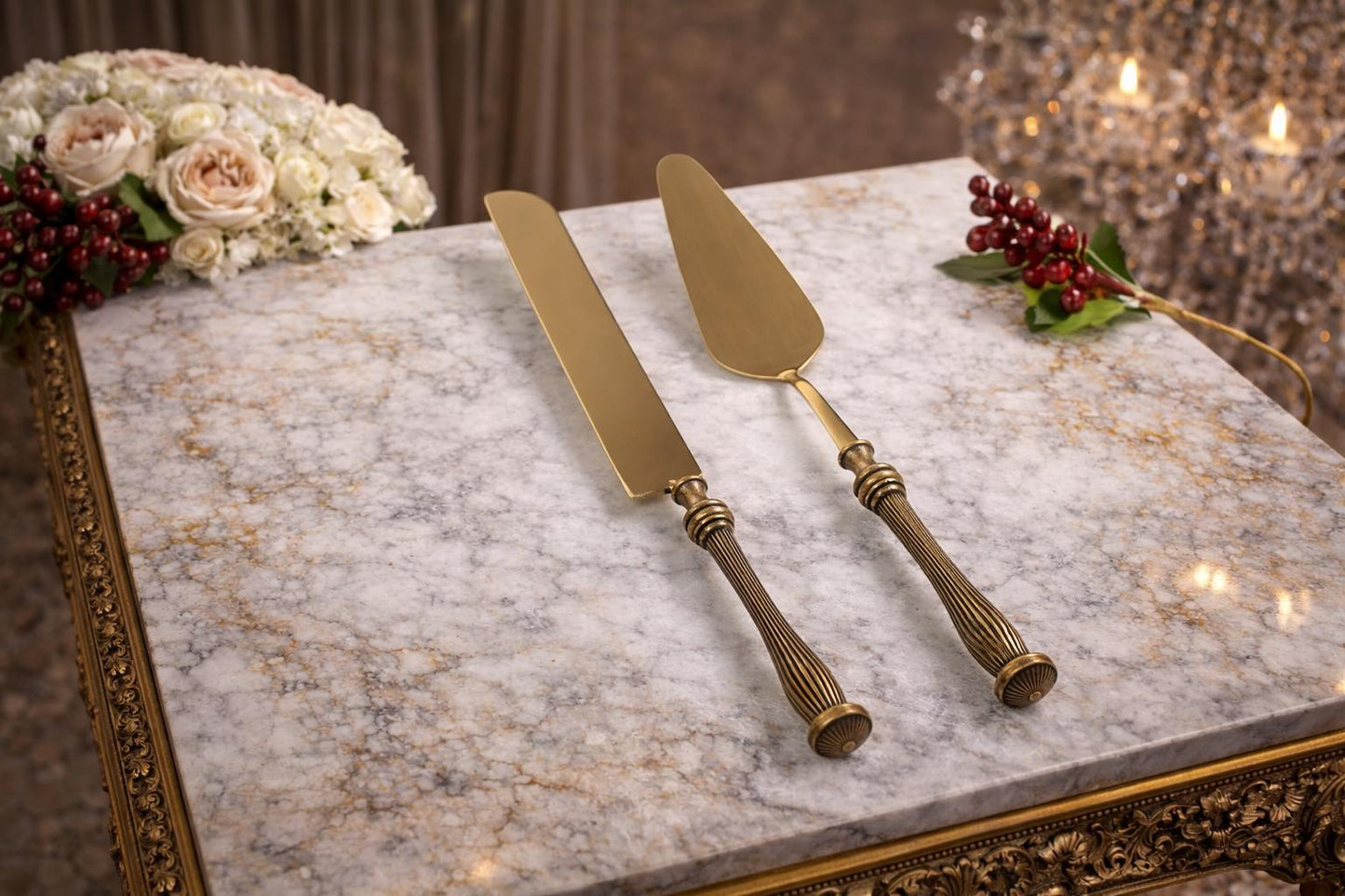 Elegant Serving Utensil Set with Textured Brass Handles