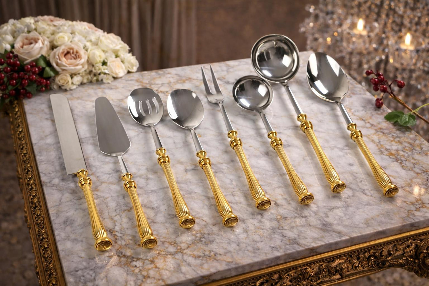 Elegant Serving Utensil Set with Textured Brass Handles
